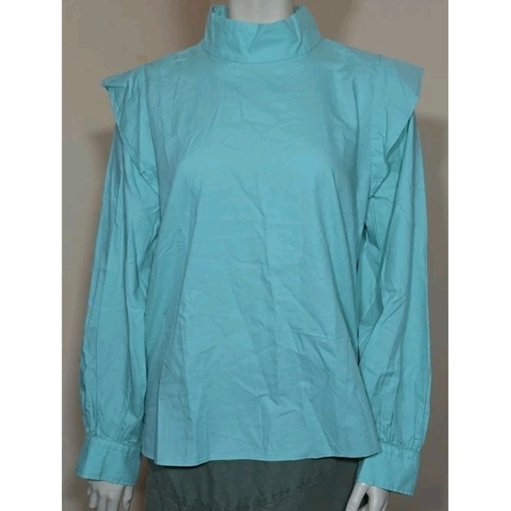 EVERLANE The Wing-Shoulder‎ Mockneck Top 12 Jade Green Cotton Blouse NWT B21